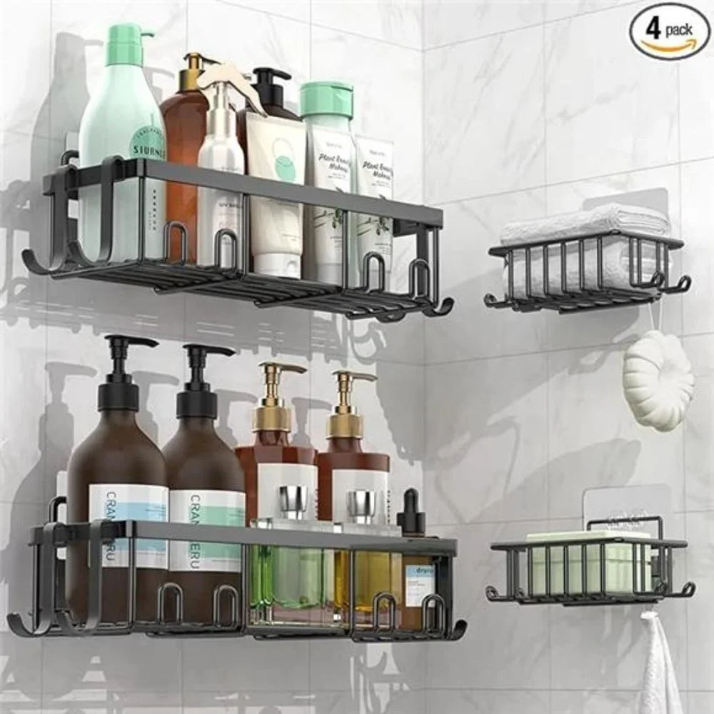 4-Pack Black Stainless Steel Modern Shower Caddy w/ Large Capacity for Bathroom